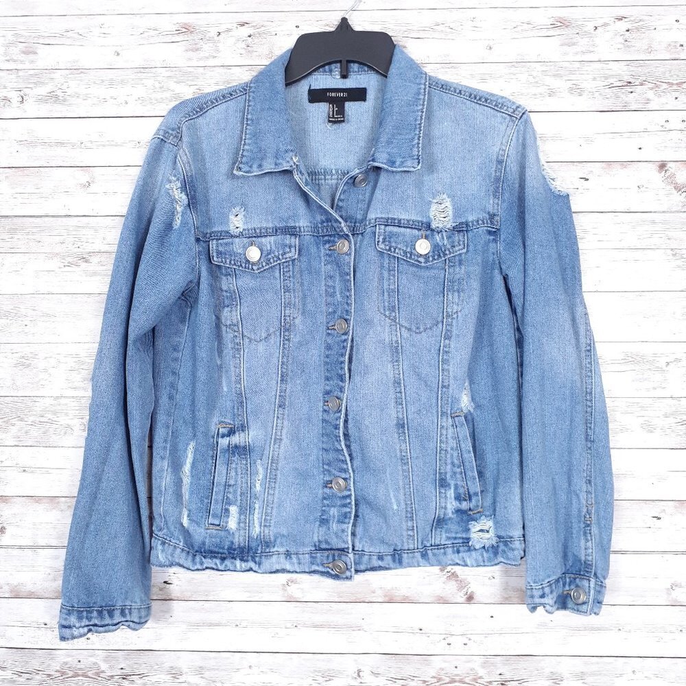 Forever 21 Womens Denim Jacket S Distressed Blue 32A